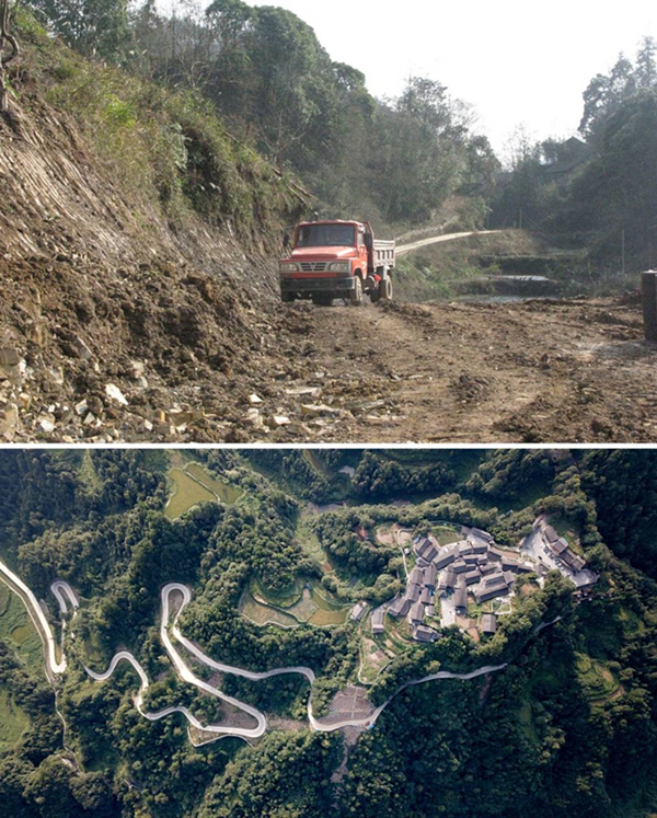 拼版照片：上圖為2011年12月拍攝的湖南省湘西土家族苗族自治州花垣縣十八洞村進(jìn)村道路；下圖為2019年9月拍攝的十八洞村及進(jìn)村道路。